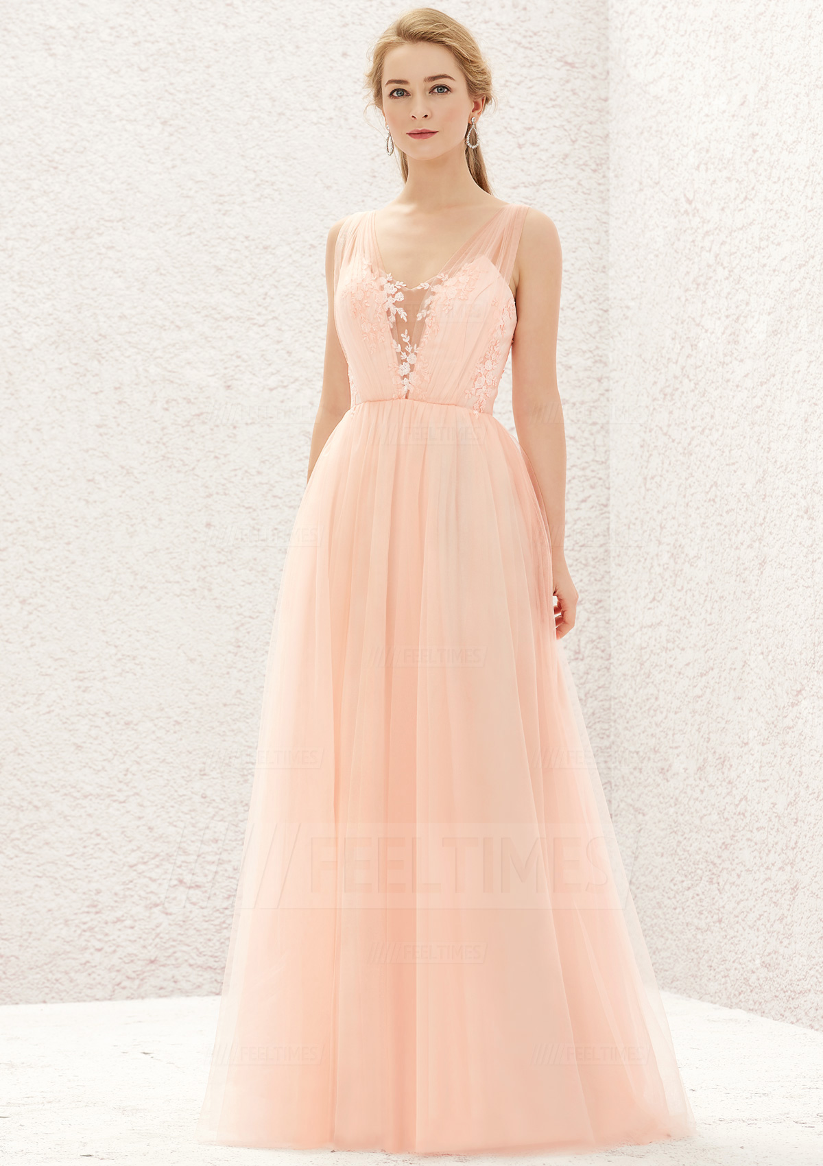 A-line/Princess Sleeveless Long/Floor-Length Tulle/Satin Bridesmaid Dress With Pleated Lace

