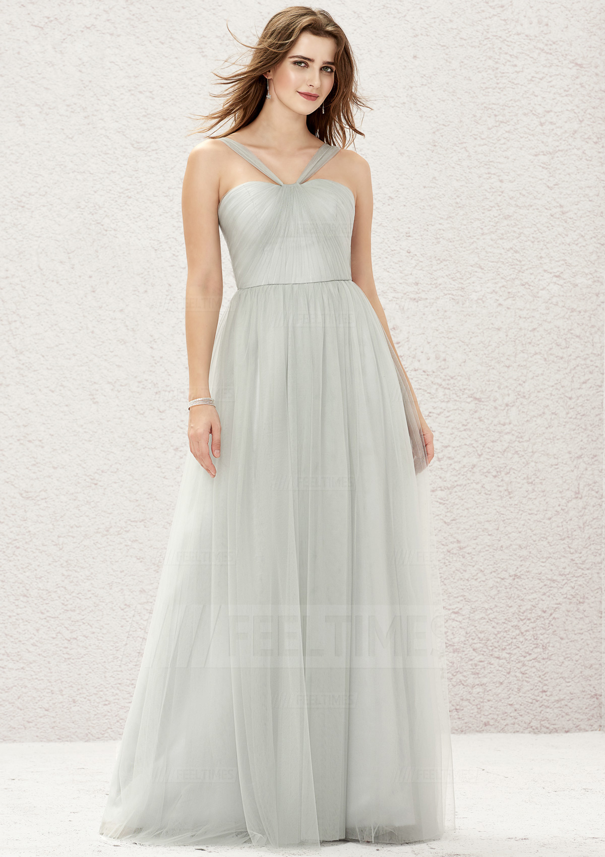 A-line/Princess Sleeveless Long/Floor-Length Tulle Satin Bridesmaid Dress With Pleated