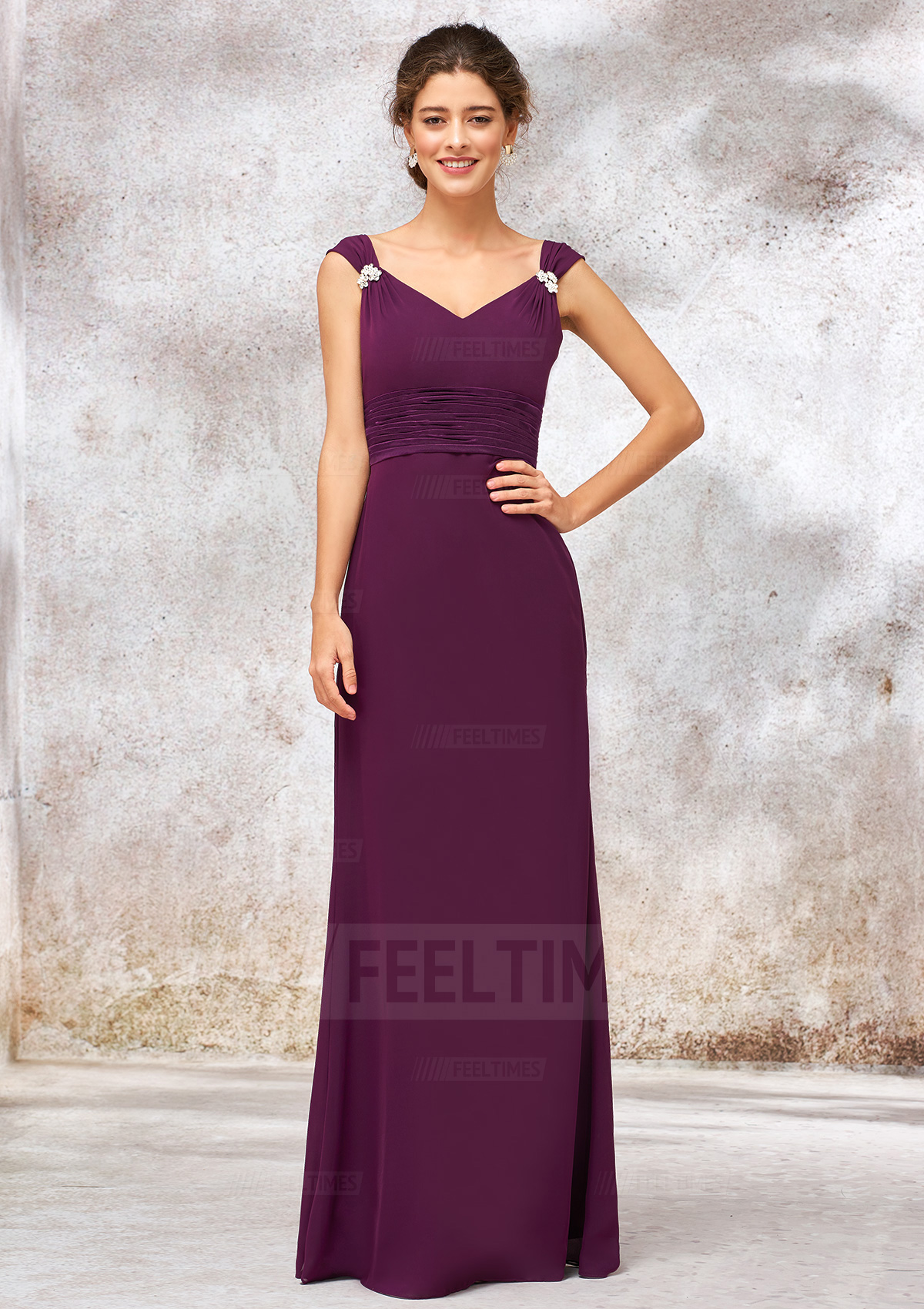Sheath/Column Sleeveless Long/Floor-Length Chiffon Bridesmaid Dress With Sashes Pleated Beading
