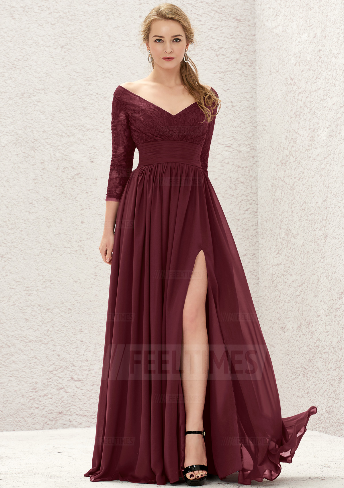 A-line/Princess Full/Long Sleeve Long/Floor-Length Chiffon Bridesmaid Dress With Lace/Pleated/Split
