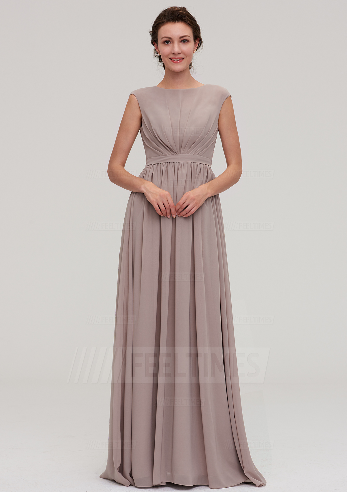 A-Line/Princess Bateau Sleeveless Long/Floor-Length Chiffon Bridesmaid Dress With Pleated
