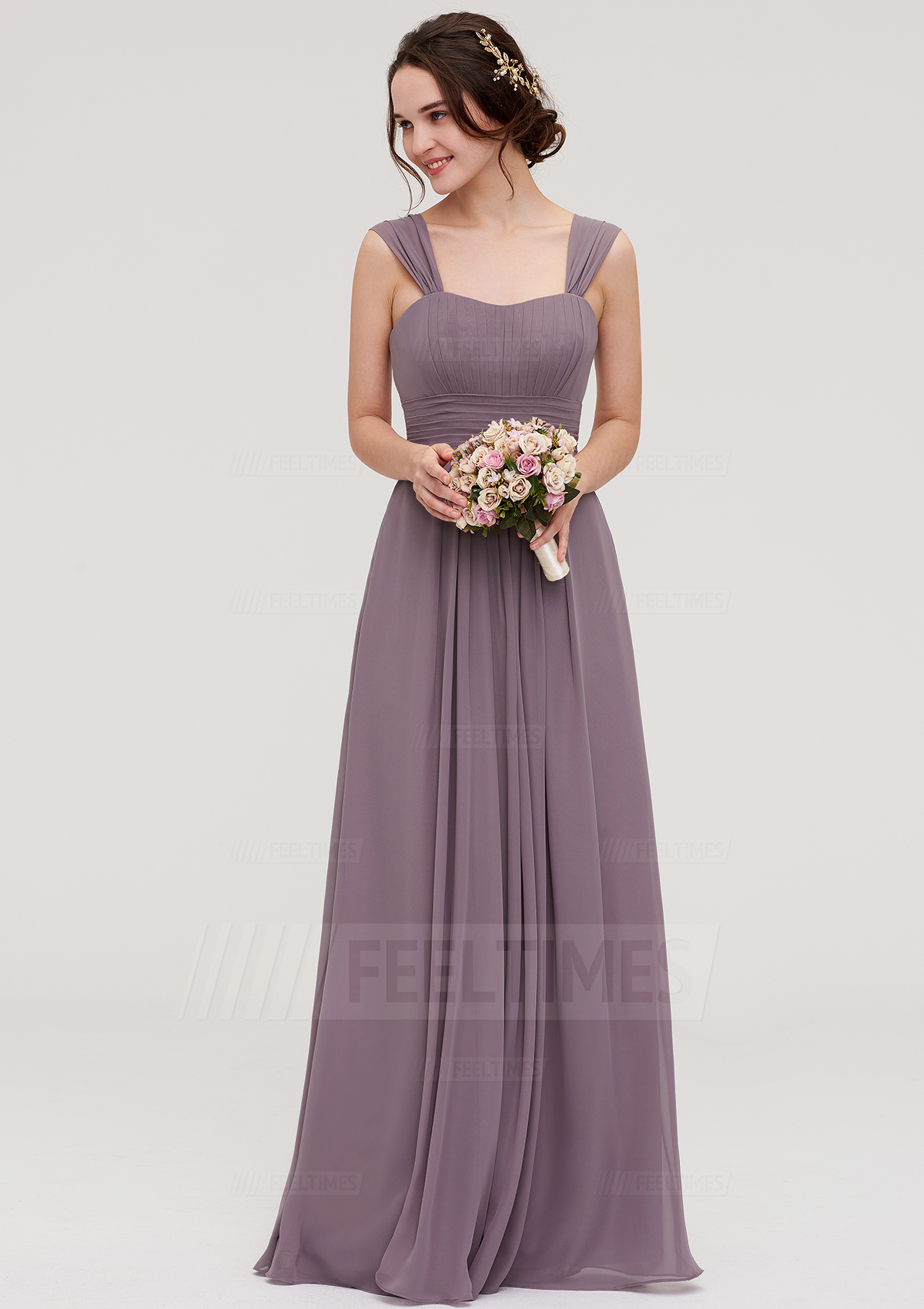 A-Line/Princess Square Neckline Sleeveless Long/Floor-Length Chiffon Bridesmaid Dresses With Pleated

