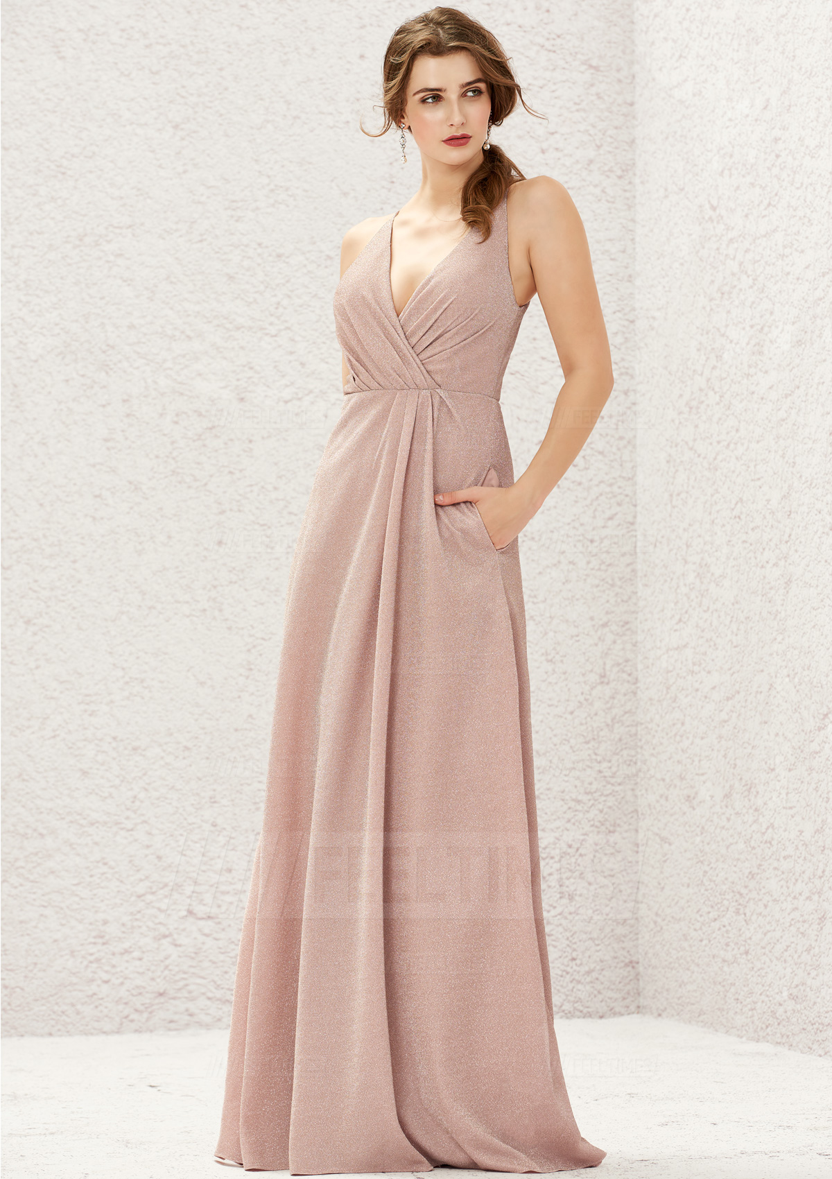 A-line/Princess Sleeveless Long/Floor-Length Metallic/Shimmer Jersey Bridesmaid Dress With Pleated
