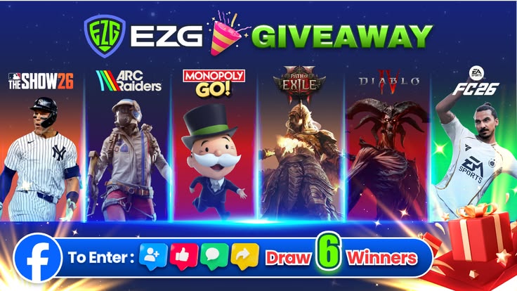 To thank our supporters, we'll select 6 lucky winners to receive FREE game products! Supported games: Monopoly GO, Path of Exile 2, Diablo 4, ARC Raiders, FC 26 & MLB The Show 26